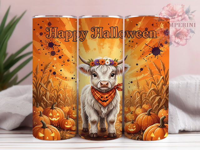 Happy Halloween Highland Cow Tumbler Wrap, Happy Halloween Mug, Fall Pumpkin Art, 20Oz Tumbler Wrap, Sublimation Design, Rustic Autumn Drinkware, Farm Animal Halloween Print Sublimation Li Zamperini 