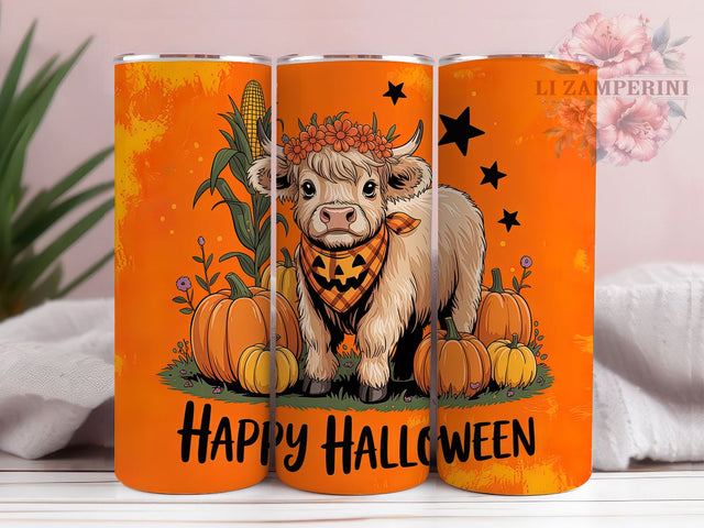 Happy Halloween Highland Cow Tumbler Wrap, Happy Halloween Mug, Fall Pumpkin Art, 20Oz Tumbler Wrap, Sublimation Design, Rustic Autumn Drinkware, Farm Animal Halloween Print Sublimation Li Zamperini 