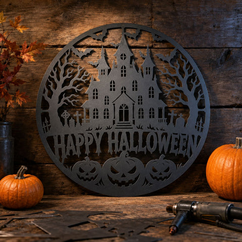 Happy Halloween Laser SVG | Haunted House DXF | Spooky Castle Svg | Happy Halloween Sign | Pumpkin Metal Art | CNC Plasma Cut File SVG HappyDesignStudio 