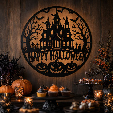 Happy Halloween Laser SVG | Haunted House DXF | Spooky Castle Svg | Happy Halloween Sign | Pumpkin Metal Art | CNC Plasma Cut File SVG HappyDesignStudio 