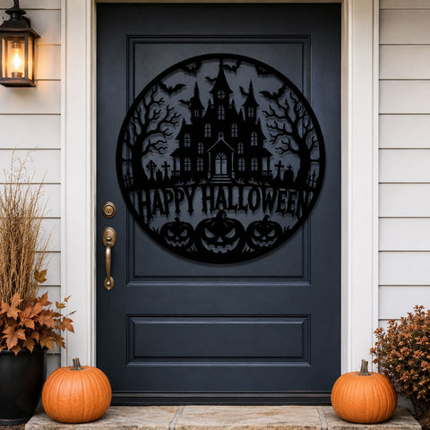 Happy Halloween Laser SVG | Haunted House DXF | Spooky Castle Svg | Happy Halloween Sign | Pumpkin Metal Art | CNC Plasma Cut File SVG HappyDesignStudio 