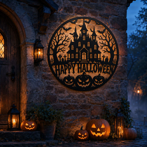 Happy Halloween Laser SVG | Haunted House DXF | Spooky Castle Svg | Happy Halloween Sign | Pumpkin Metal Art | CNC Plasma Cut File SVG HappyDesignStudio 
