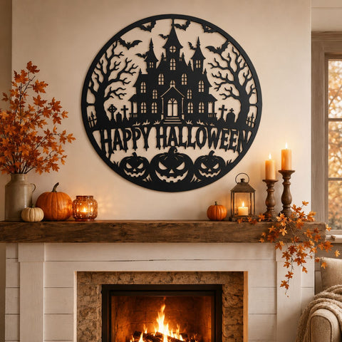 Happy Halloween Laser SVG | Haunted House DXF | Spooky Castle Svg | Happy Halloween Sign | Pumpkin Metal Art | CNC Plasma Cut File SVG HappyDesignStudio 