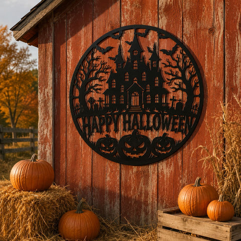 Happy Halloween Laser SVG | Haunted House DXF | Spooky Castle Svg | Happy Halloween Sign | Pumpkin Metal Art | CNC Plasma Cut File SVG HappyDesignStudio 