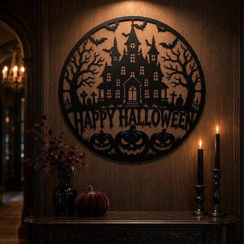 Happy Halloween Laser SVG | Haunted House DXF | Spooky Castle Svg | Happy Halloween Sign | Pumpkin Metal Art | CNC Plasma Cut File SVG HappyDesignStudio 