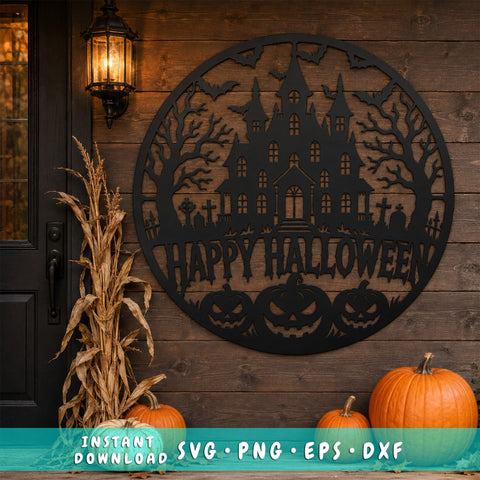 Happy Halloween Laser SVG | Haunted House DXF | Spooky Castle Svg | Happy Halloween Sign | Pumpkin Metal Art | CNC Plasma Cut File SVG HappyDesignStudio 