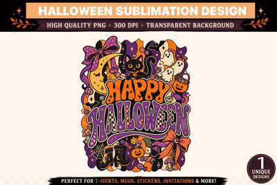 Happy Halloween PNG Sublimation Design with Black Cat, Cute Ghosts and Purple Orange Bows, Retro Gothic Halloween Typography, Crescent Moon, Witch Boots, Jack O Lantern and Spooky Mushroom Clipart for T Shirts, Mugs and Stickers Sublimation BlackCatsMedia 