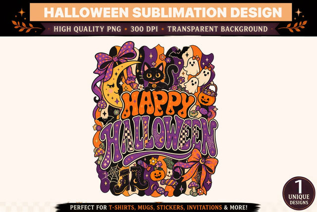 Happy Halloween PNG Sublimation Design with Black Cat, Cute Ghosts and Purple Orange Bows, Retro Gothic Halloween Typography, Crescent Moon, Witch Boots, Jack O Lantern and Spooky Mushroom Clipart for T Shirts, Mugs and Stickers Sublimation BlackCatsMedia 