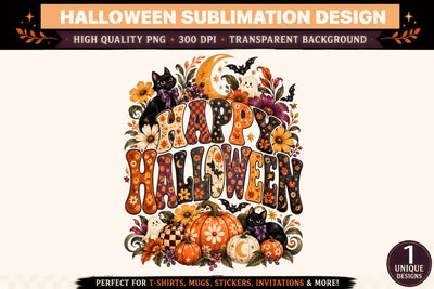 Happy Halloween PNG, Vintage Floral Pumpkin and Black Cat Sublimation Design, Spooky Autumn T-Shirt Graphic Sublimation BlackCatsMedia 