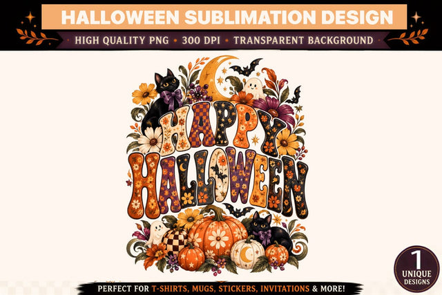Happy Halloween PNG, Vintage Floral Pumpkin and Black Cat Sublimation Design, Spooky Autumn T-Shirt Graphic Sublimation BlackCatsMedia 