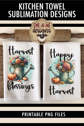 Happy Harvest Blessings Fall Kitchen Towel Sublimation PNGs Sublimation Ewe-N-Me Designs 
