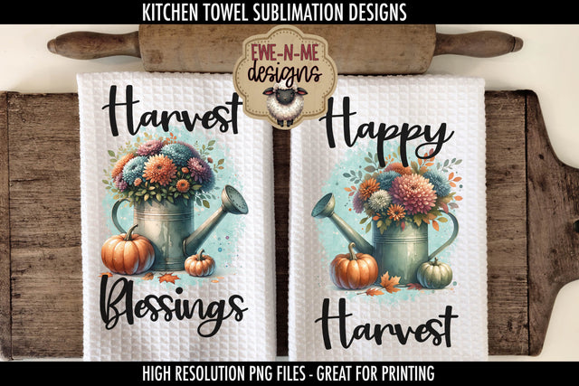 Happy Harvest Blessings Fall Kitchen Towel Sublimation PNGs Sublimation Ewe-N-Me Designs 