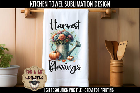 Happy Harvest Blessings Fall Kitchen Towel Sublimation PNGs Sublimation Ewe-N-Me Designs 