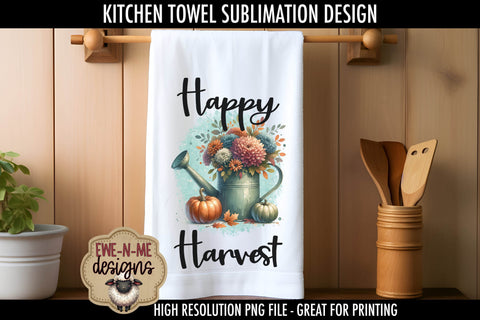 Happy Harvest Blessings Fall Kitchen Towel Sublimation PNGs Sublimation Ewe-N-Me Designs 