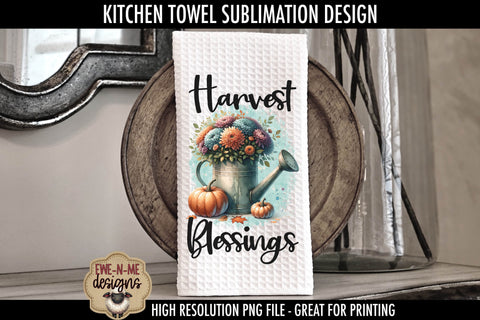 Happy Harvest Blessings Fall Kitchen Towel Sublimation PNGs Sublimation Ewe-N-Me Designs 
