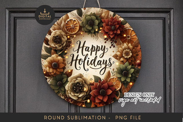 Happy Holidays Sublimation PNG - Round Rustic Floral Art Sublimation BijouBay 