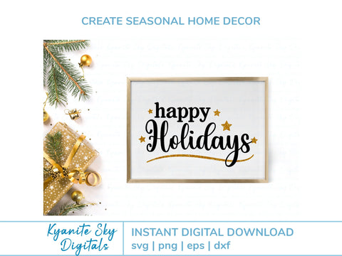 Happy Holidays SVG title with stars and flourishes SVG Kyanite Sky Digitals 