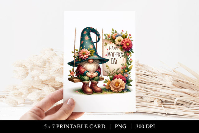 Happy Mother's Day Printable Card, Cute Gnome with Flowers Sublimation BijouBay 