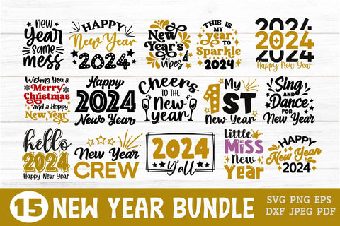 Happy New Year 2024 SVG Bundle with 15 Designs SVG Shine Green Art 