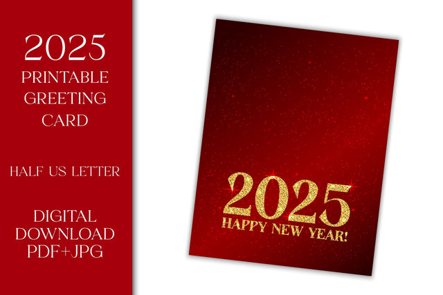 Happy New Year 2025 Greeting Card Printable PDF & JPG Digital Download | Elegant Red Color and Gold Glitter Design Sublimation AnnaViolet_store 