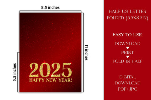 Happy New Year 2025 Greeting Card Printable PDF & JPG Digital Download | Elegant Red Color and Gold Glitter Design Sublimation AnnaViolet_store 