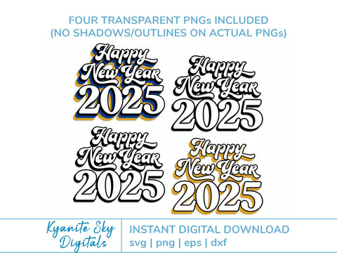 Happy New Year 2025 SVG bundle retro vintage shadow style SVG Kyanite Sky Digitals 