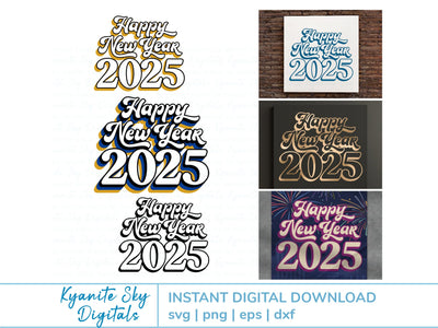 Happy New Year 2025 SVG bundle retro vintage shadow style SVG Kyanite Sky Digitals 