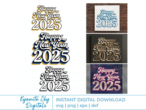Happy New Year 2025 SVG bundle retro vintage shadow style SVG Kyanite Sky Digitals 