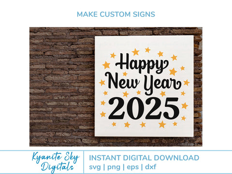 Happy New Year 2025 SVG with stars, confetti SVG Kyanite Sky Digitals 