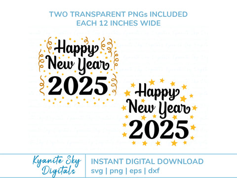 Happy New Year 2025 SVG with stars, confetti SVG Kyanite Sky Digitals 