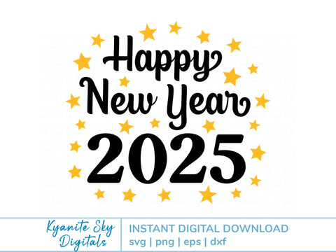 Happy New Year 2025 SVG with stars, confetti SVG Kyanite Sky Digitals 