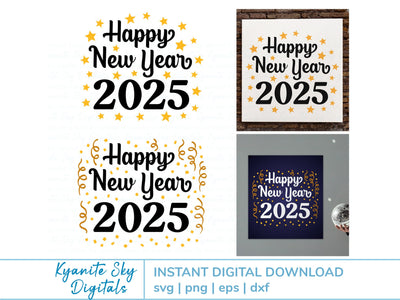 Happy New Year 2025 SVG with stars, confetti SVG Kyanite Sky Digitals 