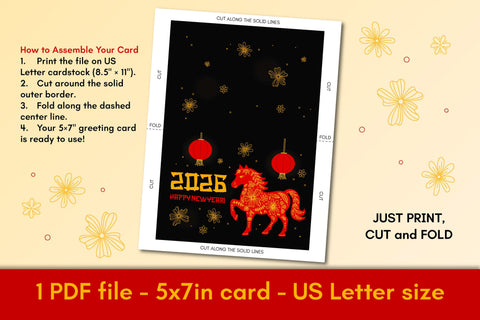 Happy New Year 2026 Greeting Card Printable 5 x 7 in | Horse Zodiac Symbol, Chinese NY, Asian Style Folded Postcard | PDF Digital Download Sublimation AnnaViolet_store 