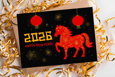 Happy New Year 2026 Greeting Card Printable 5 x 7 in | Horse Zodiac Symbol, Chinese NY, Asian Style Folded Postcard | PDF Digital Download Sublimation AnnaViolet_store 
