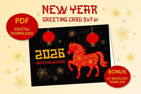 Happy New Year 2026 Greeting Card Printable 5 x 7 in | Horse Zodiac Symbol, Chinese NY, Asian Style Folded Postcard | PDF Digital Download Sublimation AnnaViolet_store 