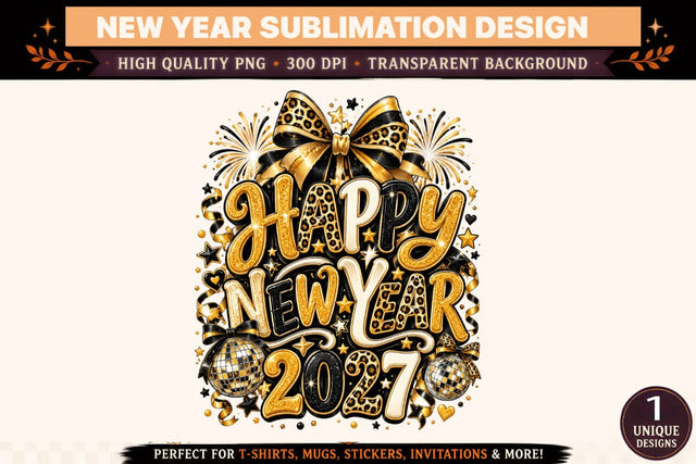 Happy New Year 2027 PNG, Black Gold Disco Ball Sublimation Design, Leopard Print Bow Holiday Shirt Graphic Sublimation BlackCatsMedia 