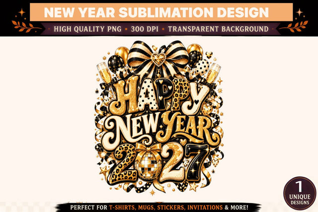 Happy New Year 2027 PNG, Black Gold Disco Ball Sublimation Design, Leopard Print Champagne Party Shirt Graphic Sublimation BlackCatsMedia 