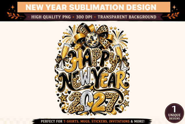 Happy New Year 2027 PNG, Black Gold Leopard Print Sublimation Design, Disco Ball Bow Champagne Shirt Graphic Sublimation BlackCatsMedia 