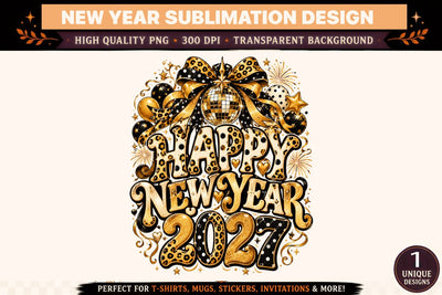 Happy New Year 2027 PNG, Black Gold Leopard Print Sublimation Design, Disco Ball Bow New Year Shirt Graphic Sublimation BlackCatsMedia 