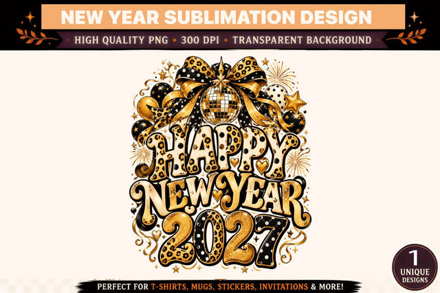 Happy New Year 2027 PNG, Black Gold Leopard Print Sublimation Design, Disco Ball Bow New Year Shirt Graphic Sublimation BlackCatsMedia 