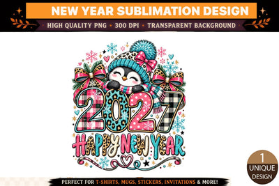 Happy New Year 2027 PNG, Cute Penguin Winter Sublimation Design, Pink Teal Leopard Print Christmas Shirt, New Year DTF Sublimation BlackCatsMedia 