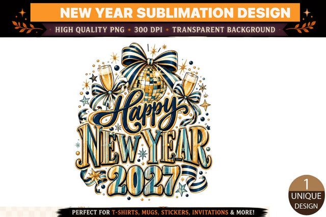 Happy New Year 2027 PNG, Navy Blue Gold Disco Ball Sublimation Design, Elegant New Year Shirt PNG, Champagne Bow DTF Sublimation BlackCatsMedia 