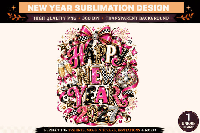 Happy New Year 2027 PNG, Pink Gold Disco Ball Sublimation Design, Glam New Year Shirt Graphic, Leopard Print Celebration Sublimation BlackCatsMedia 