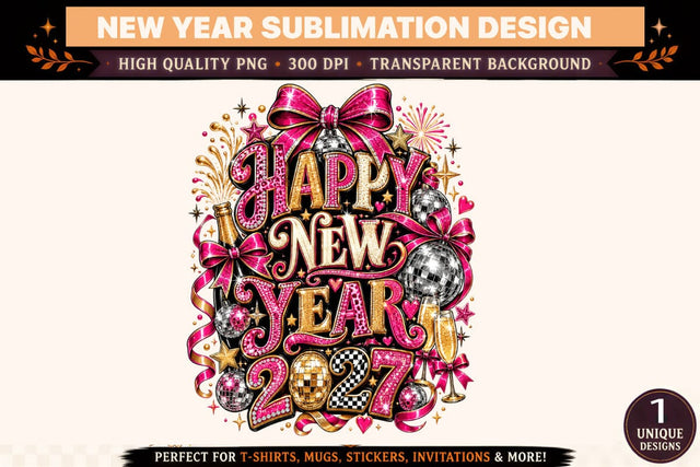 Happy New Year 2027 PNG, Pink Gold Disco Ball Sublimation Design, Glamorous Party Bow T-Shirt Graphic Sublimation BlackCatsMedia 