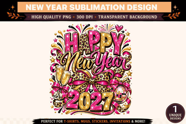 Happy New Year 2027 PNG, Pink Gold Leopard Print Bow Sublimation Design, Disco Ball Champagne T-Shirt Graphic SVG BlackCatsMedia 