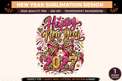 Happy New Year 2027 PNG, Pink Gold Leopard Print Bow Sublimation Design, Glitter Retro New Year Shirt Graphic Sublimation BlackCatsMedia 