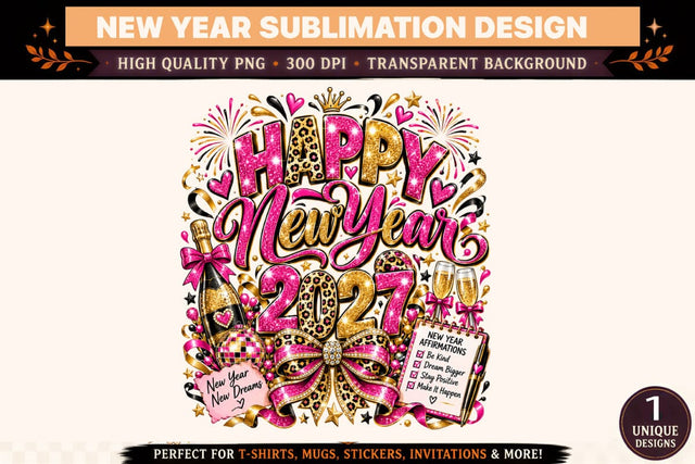 Happy New Year 2027 PNG, Pink Gold Leopard Print Sublimation Design, Disco Ball Shirt Graphic, New Year Affirmations Clipart Sublimation BlackCatsMedia 