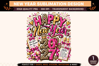 Happy New Year 2027 PNG, Pink Gold New Year Sublimation Design, Disco Ball Leopard Print Bow Shirt Graphic Sublimation BlackCatsMedia 