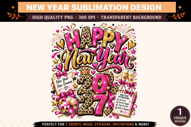 Happy New Year 2027 PNG, Pink Gold New Year Sublimation Design, Disco Ball Leopard Print Bow Shirt Graphic Sublimation BlackCatsMedia 