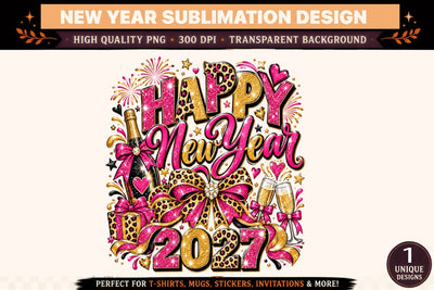 Happy New Year 2027 PNG, Pink Leopard Bow Sublimation Design, Champagne Glitter New Year Shirt Graphic Sublimation BlackCatsMedia 